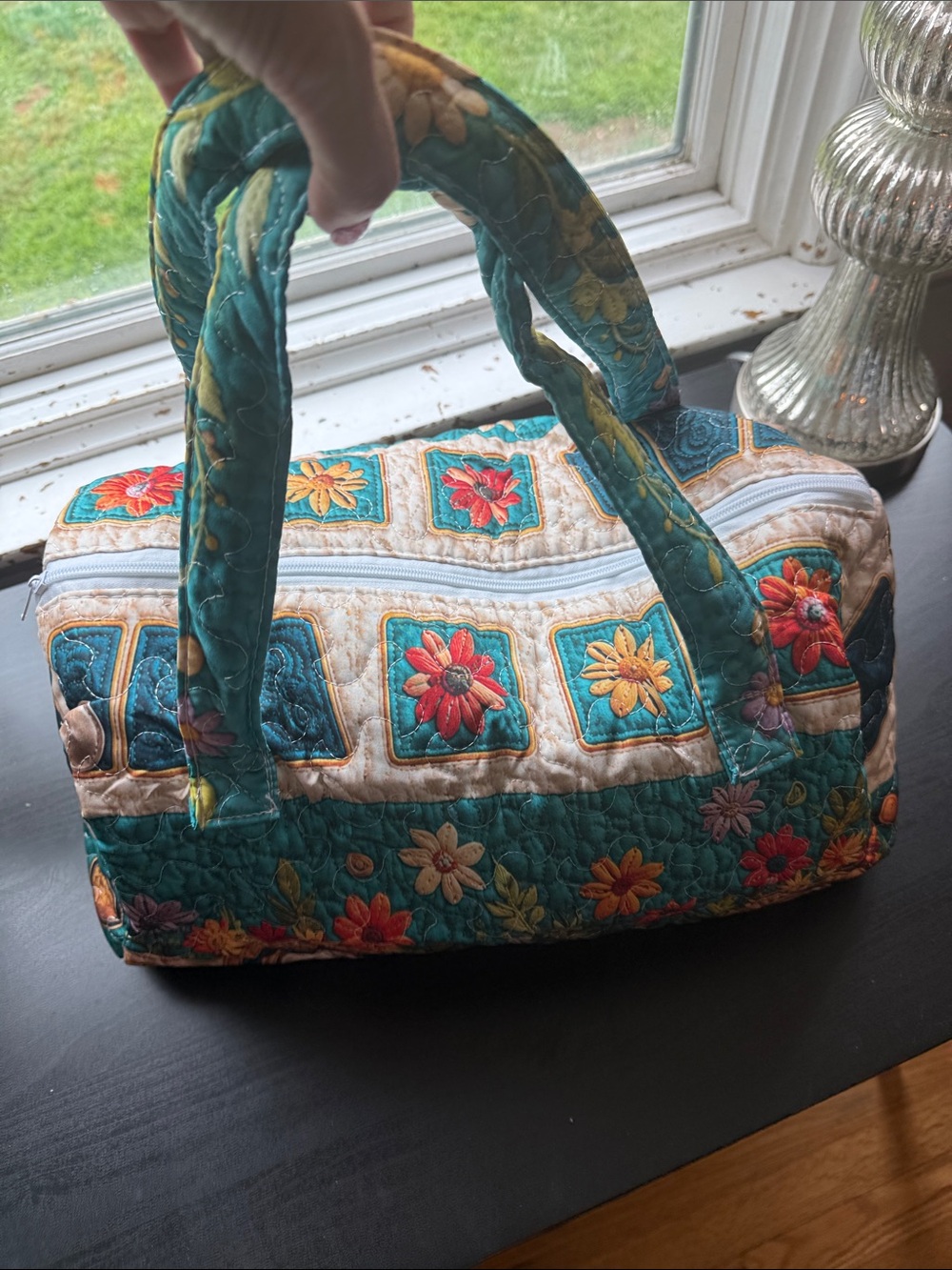 Quilted Floral Shoulder Bag in Teal - Picture 3 of 11
